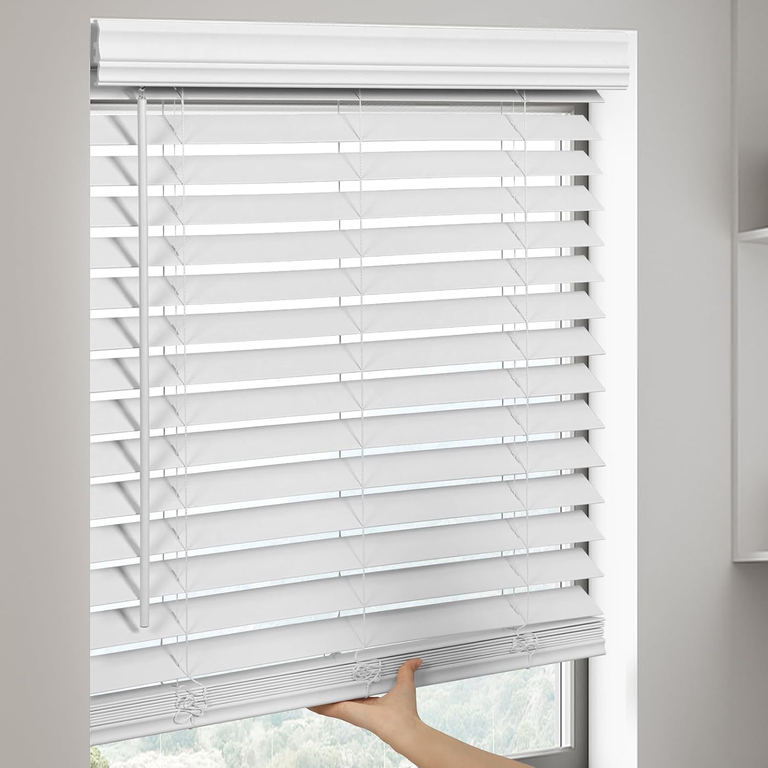 SMONTER 2 Slat Faux Wood Blinds with Crown Valance- Cordless Horizontal Blinds Room Darkening Blinds for Windows Bedroom, Bathroom, Living Room, Glass Door Interior Decor, 35 Wx 60 H